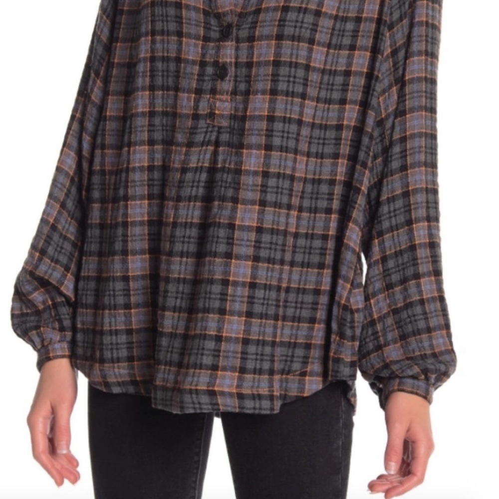 Free People Gray and Black Boxy Blouse with Mandarin Collar